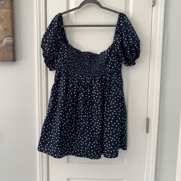 Abercrombie & Fitch Navy Polka Dot Puff Sleeve Smocked Mini Dress Women Large - Picture 7 of 12